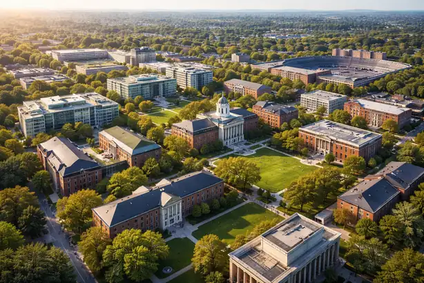 Aerial view of a large university campus representing complex institutional structures