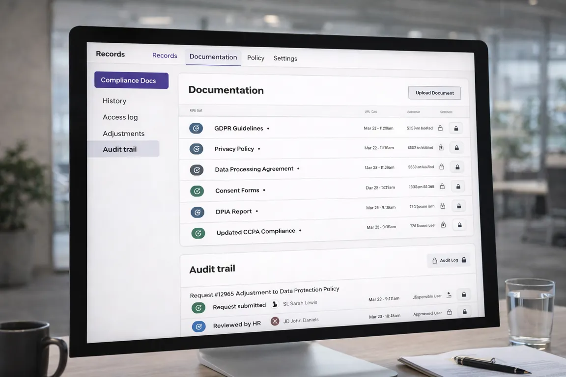 Compliance documentation interface showing structured records and audit trails