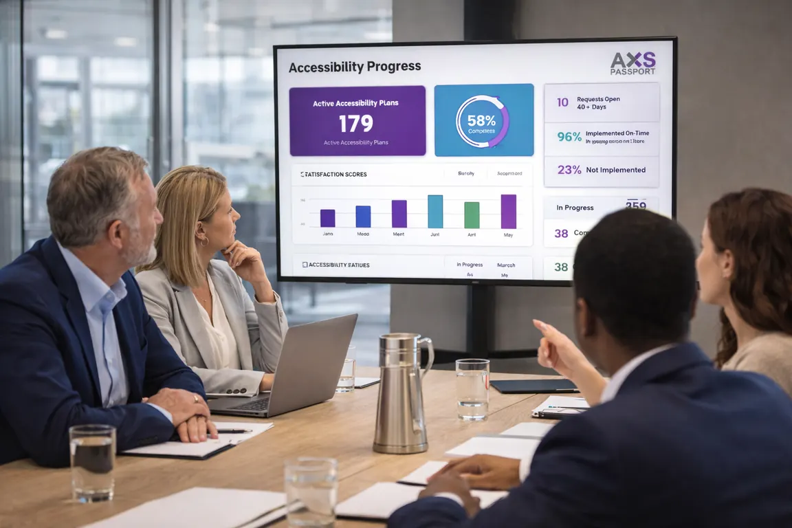 Leadership team reviewing accessibility progress data in a boardroom setting