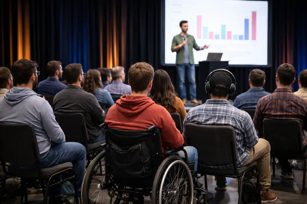 Professional presenting at a conference with accessible seating arrangements visible