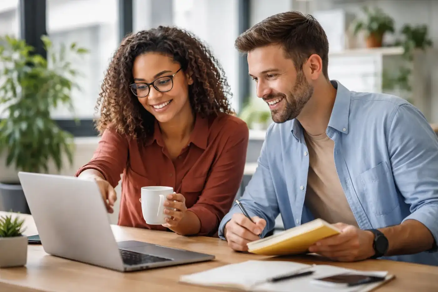 Two colleagues reviewing information together on a laptop in a bright workspace
