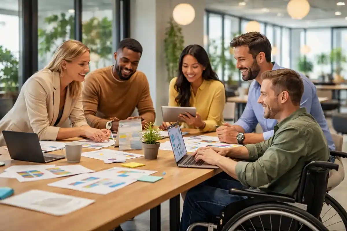 Team collaborating around a table in a modern, accessible office environment